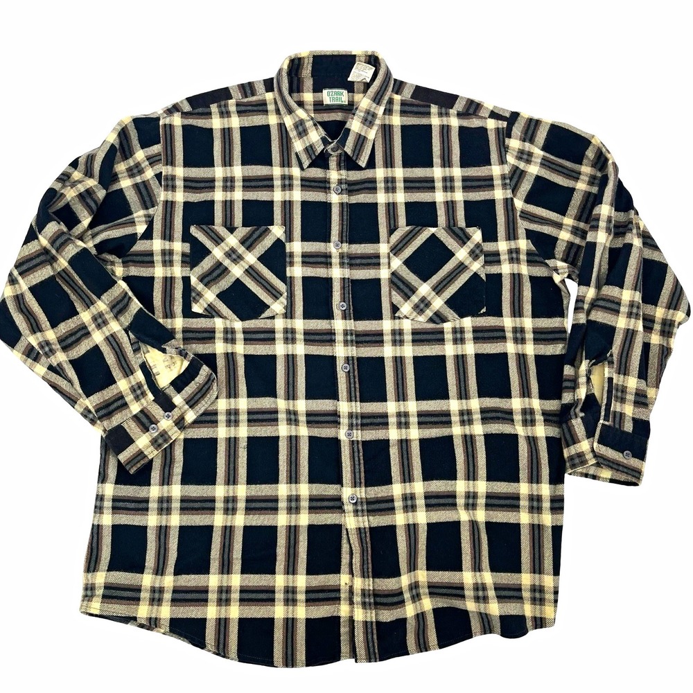 Ozark Trail Men's 2XLT Plaid Flannel Shirt Black Cream Brown Workwear Outdoor